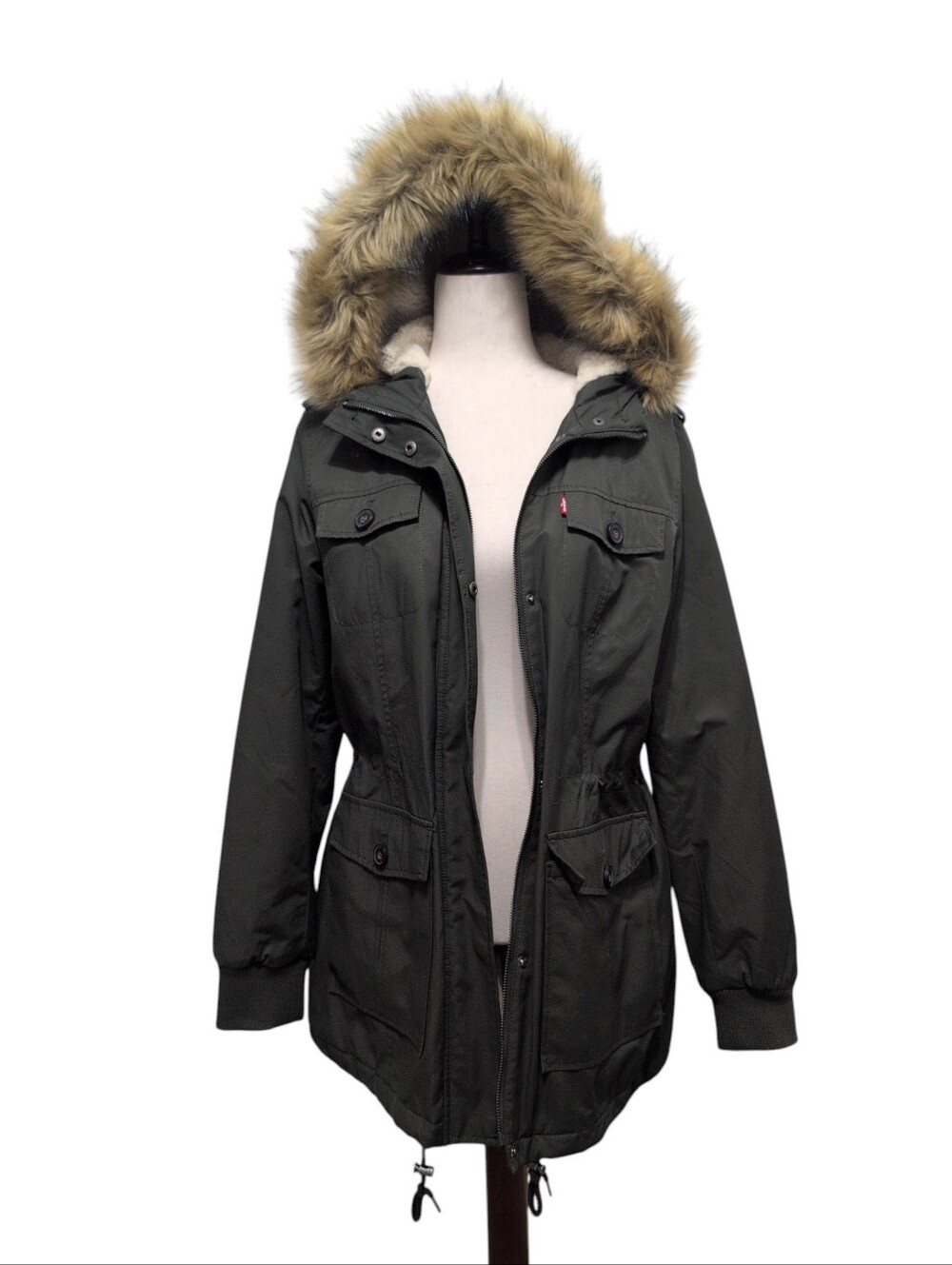 Levi's Faux Fur Hooded Parka Coat Jacket Sherpa Lined Olive Green Womens Medium
